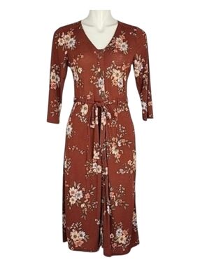 Monteau Los Angeles Rust Floral Button-Front Midi Dress with Pockets S